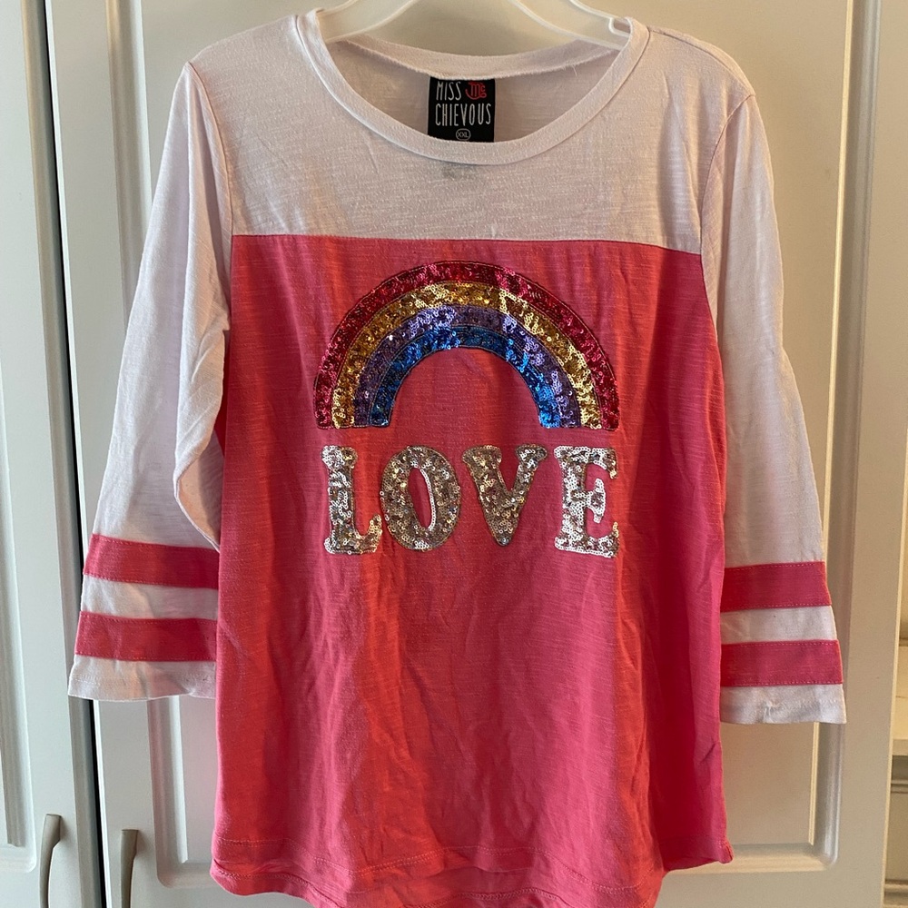 Miss Chievous Pink and White Kids Shirt with Sequin Rainbow
